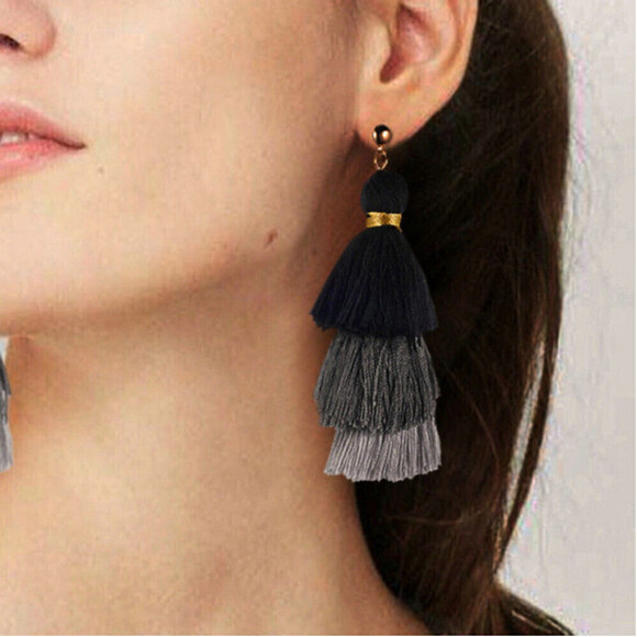 Gradient Colored Tassel Earrings In Black - Picture 2 of 7
